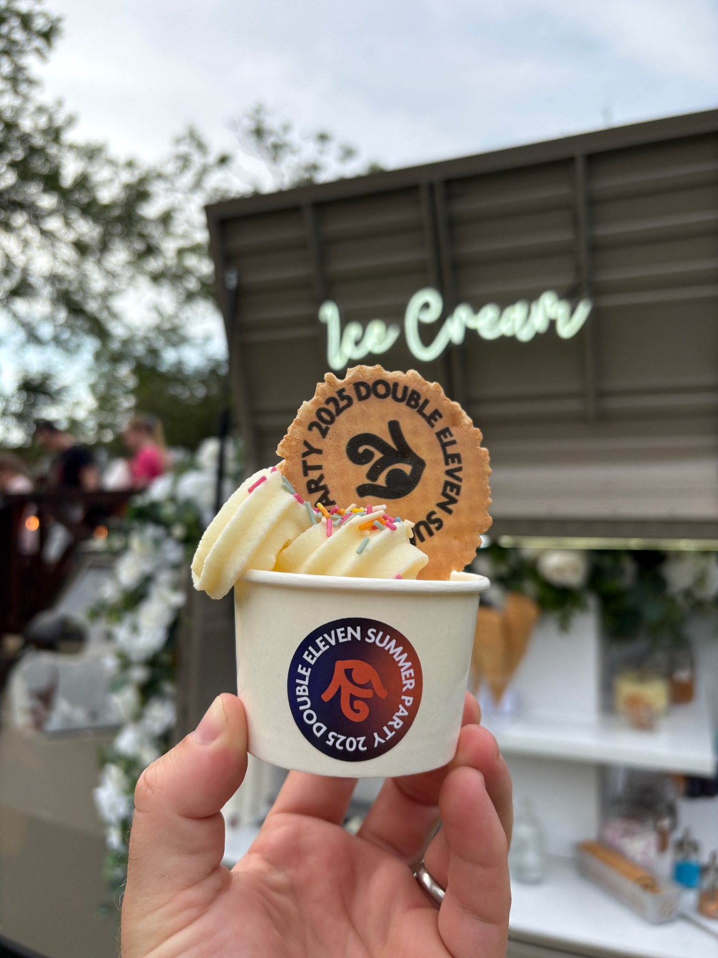 Branded ice cream cup with custom wafer served from the Ice Cream Tuk at a corporate event